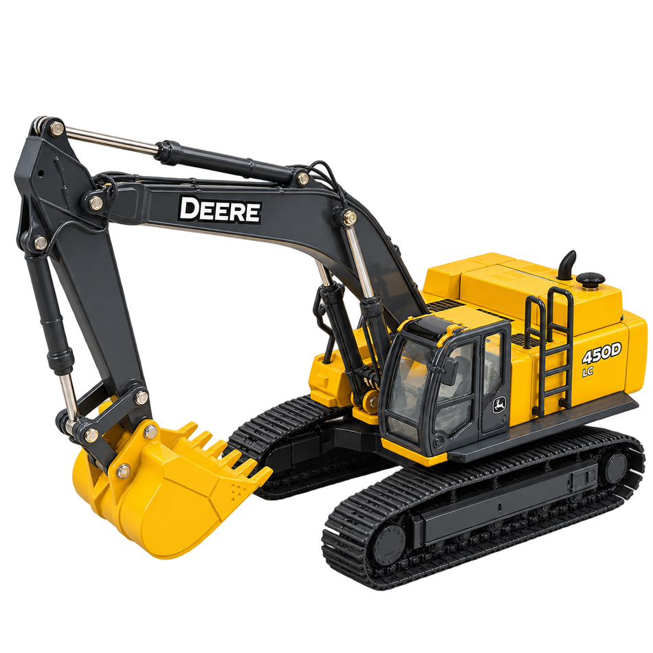 Yellow John Deere 450D LC excavator with black tracks, yellow bucket, black boom, and enclosed cab on a transparent background.
