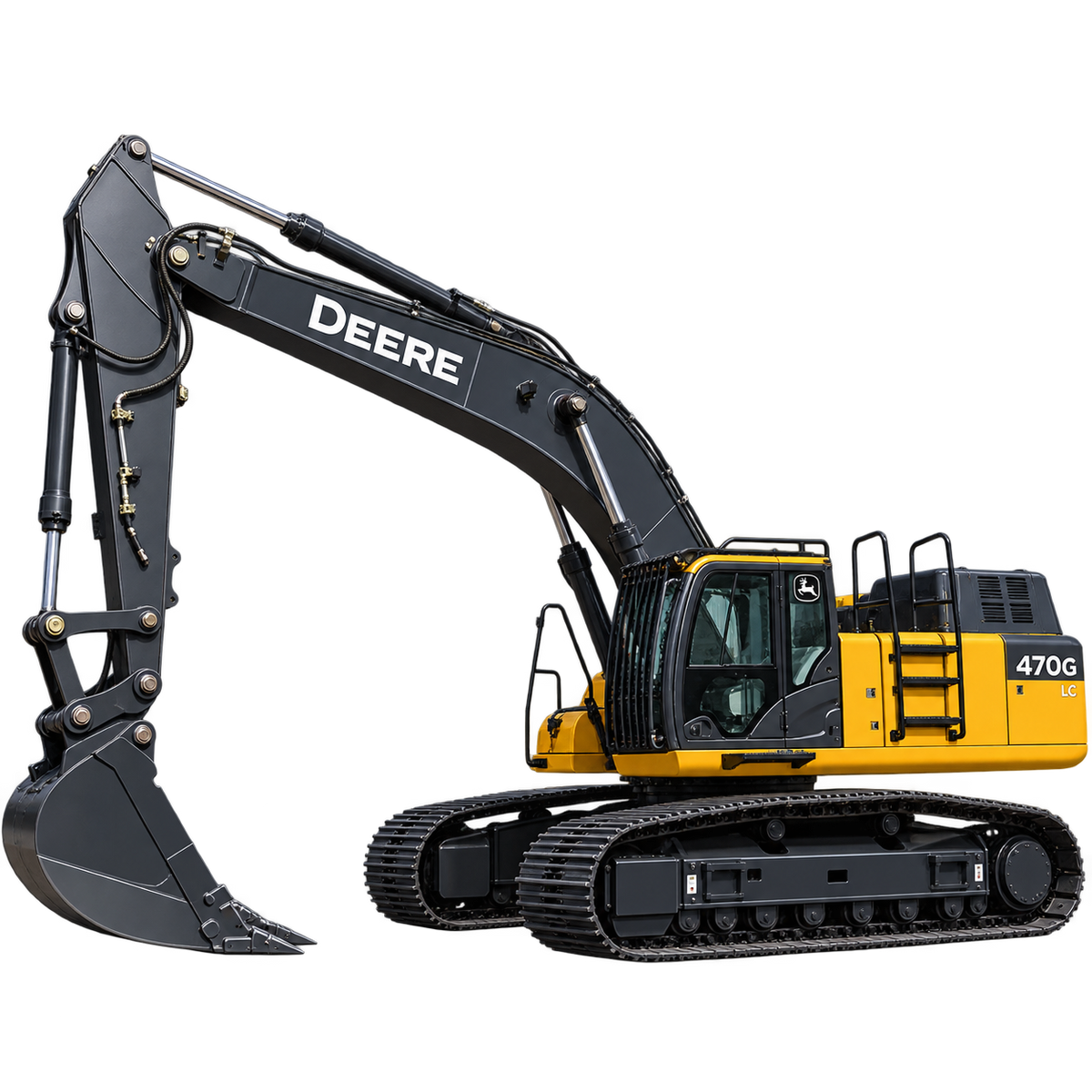 Yellow John Deere 470G LC excavator with black tracks, black digging bucket, enclosed cab, and black boom on a transparent background.