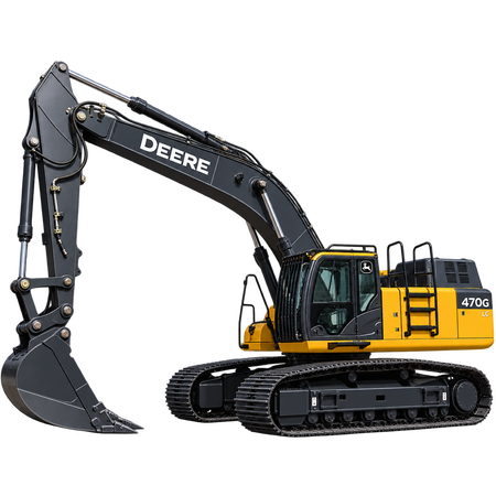 Yellow John Deere 470G LC excavator with black tracks, black digging bucket, enclosed cab, and black boom on a transparent background.