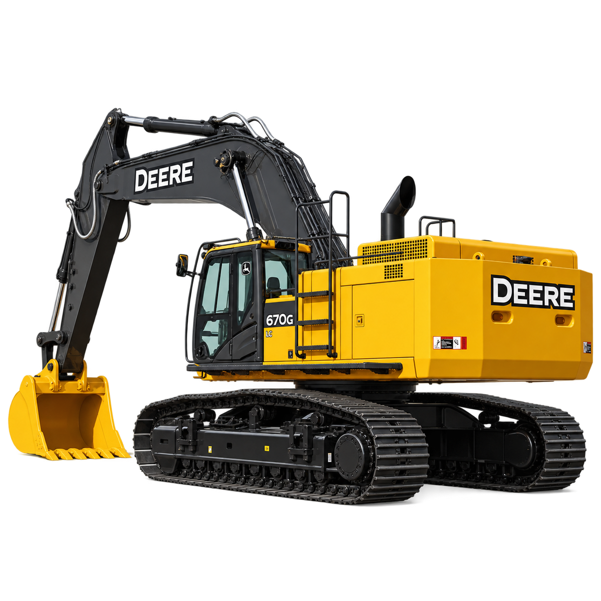 Yellow John Deere 670G LC excavator with black tracks, yellow bucket, black boom, and enclosed cab on a white background.