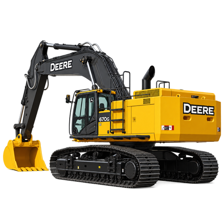 Yellow John Deere 670G LC excavator with black tracks, yellow bucket, black boom, and enclosed cab on a white background.