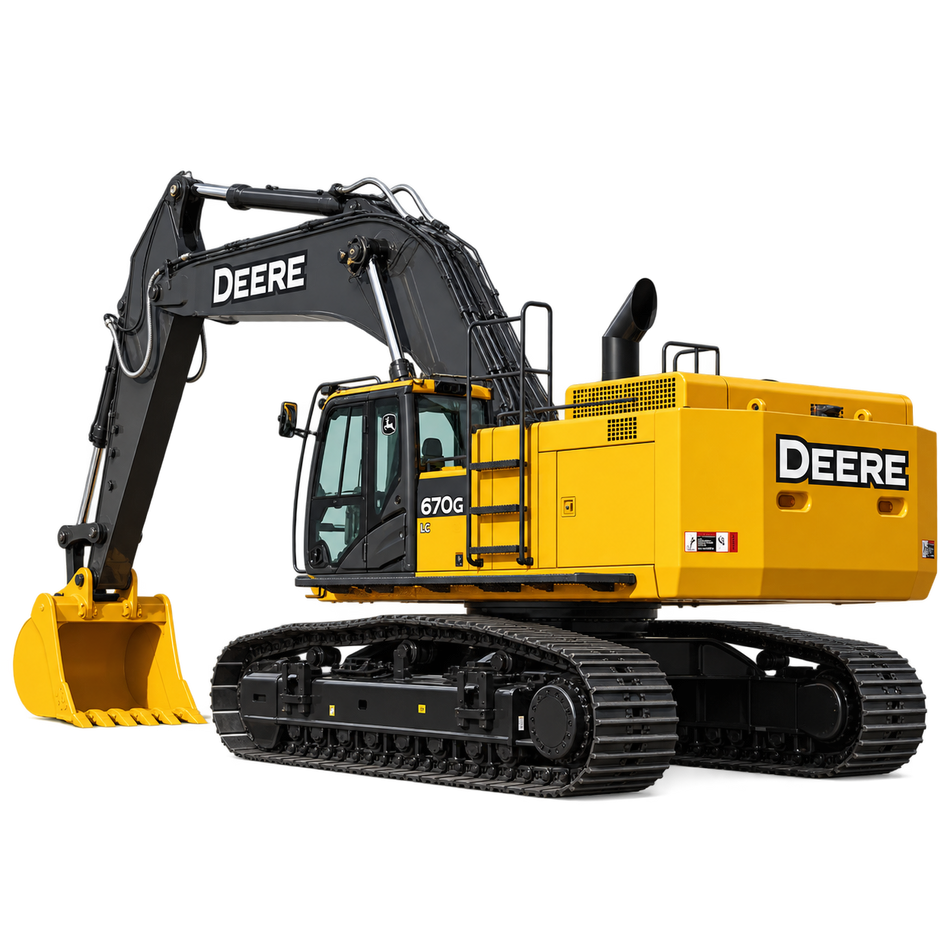 Yellow John Deere 670G LC excavator with black tracks, yellow bucket, black boom, and enclosed cab on a white background.
