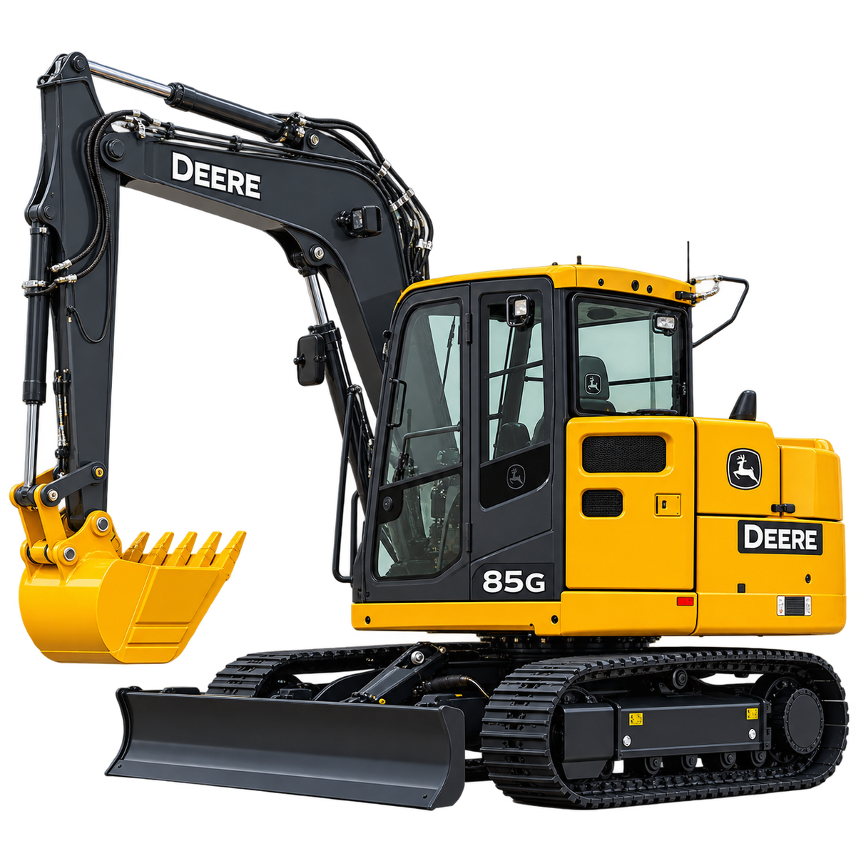 Gray and yellow John Deere 85G reduced tail swing hydraulic excavator with yellow bucket, black cab, and black tracks on a white background