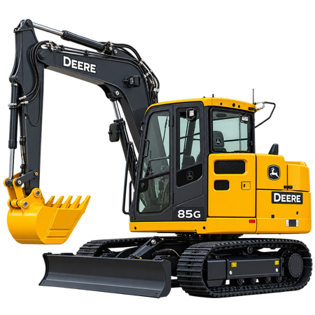 Gray and yellow John Deere 85G reduced tail swing hydraulic excavator with yellow bucket, black cab, and black tracks on a white background