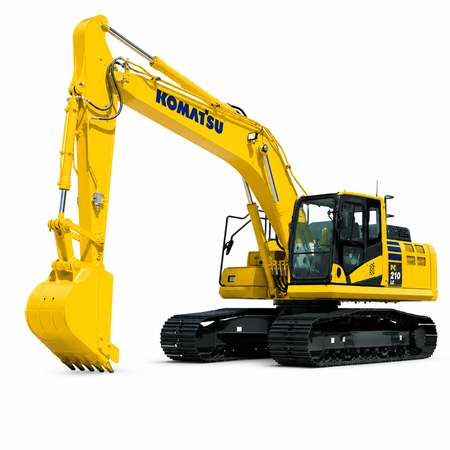 Yellow Komatsu PC210 LC-11 hydraulic excavator with yellow bucket, black cab, and black tracks on a white background