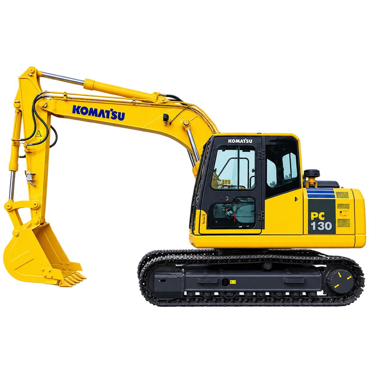 Yellow Komatsu PC130-7 excavator with black tracks, enclosed cab, hydraulic boom, and yellow digging bucket on a transparent background.