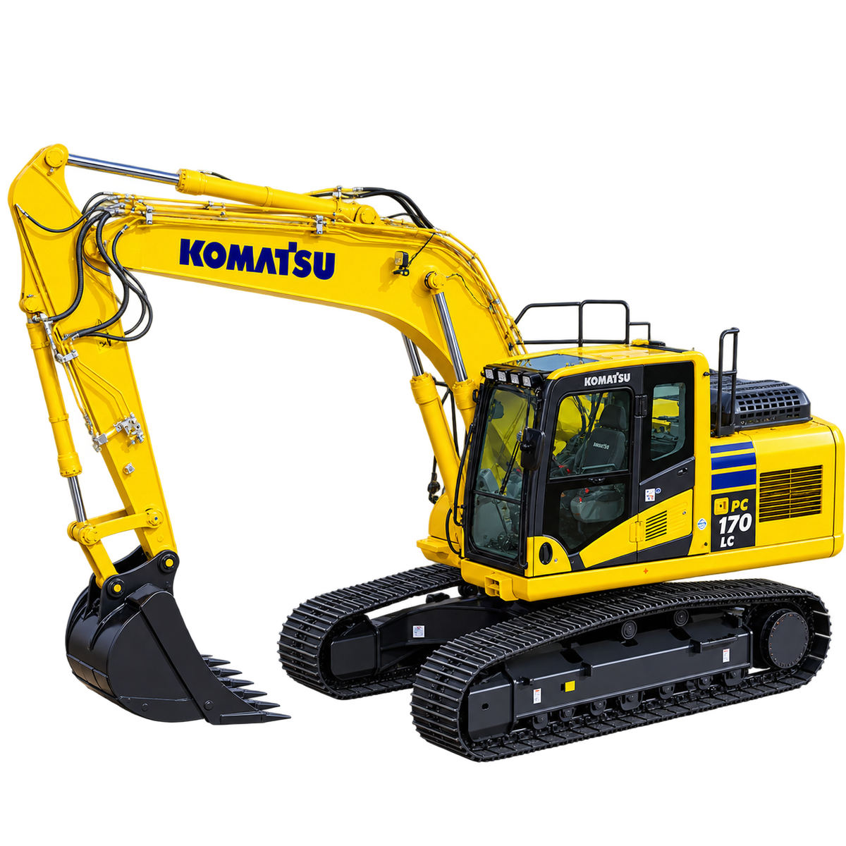 Yellow Komatsu PC170LC-10 excavator with black steel tracks, enclosed cab, hydraulic boom, and black digging bucket on a transparent background.