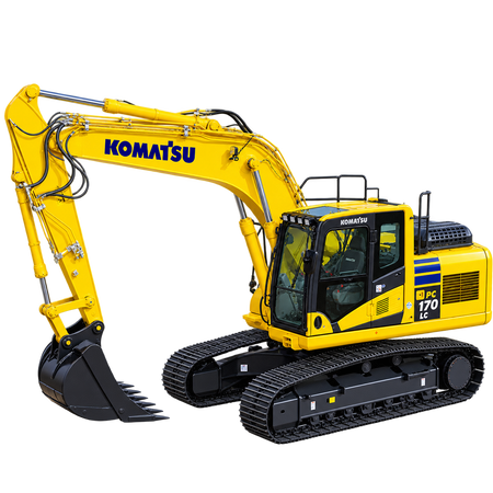 Yellow Komatsu PC170LC-10 excavator with black steel tracks, enclosed cab, hydraulic boom, and black digging bucket on a transparent background.