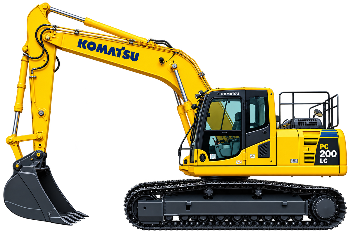 Yellow Komatsu PC200LC-8 excavator with black tracks, enclosed cab, long hydraulic boom, and black digging bucket on a transparent background.