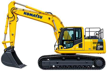 Yellow Komatsu PC200LC-8 excavator with black tracks, enclosed cab, long hydraulic boom, and black digging bucket on a transparent background.