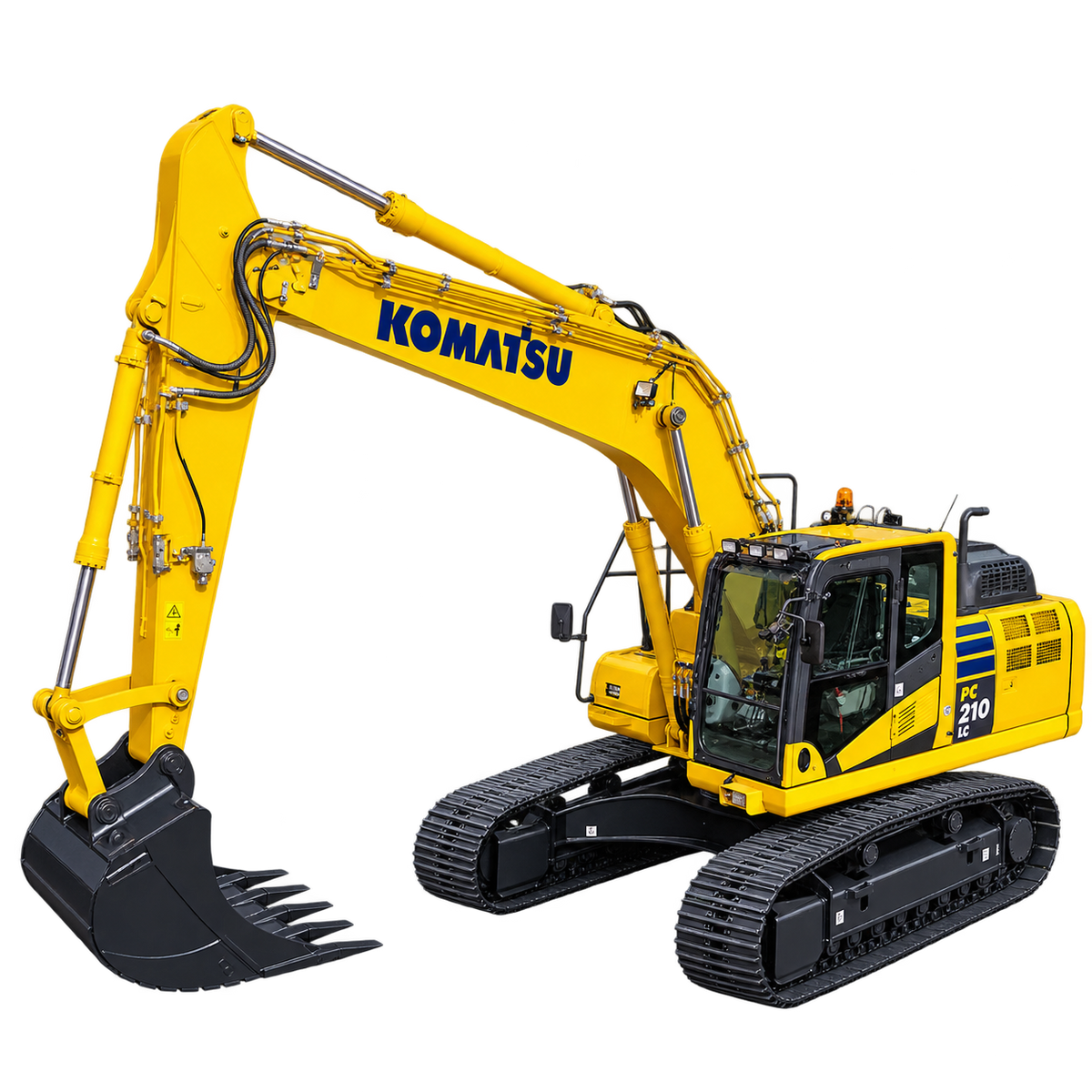 Yellow Komatsu PC210LC-10 excavator with black tracks, enclosed cab, black digging bucket, and hydraulic boom on a transparent background.