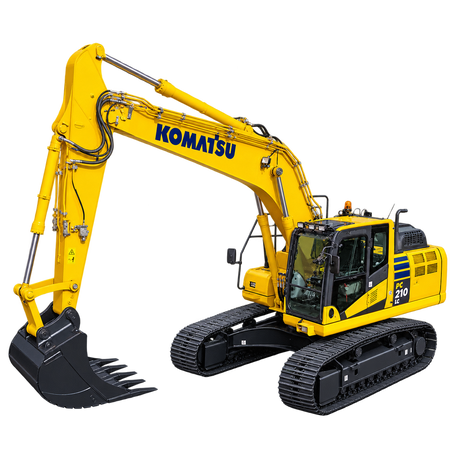 Yellow Komatsu PC210LC-10 excavator with black tracks, enclosed cab, black digging bucket, and hydraulic boom on a transparent background.