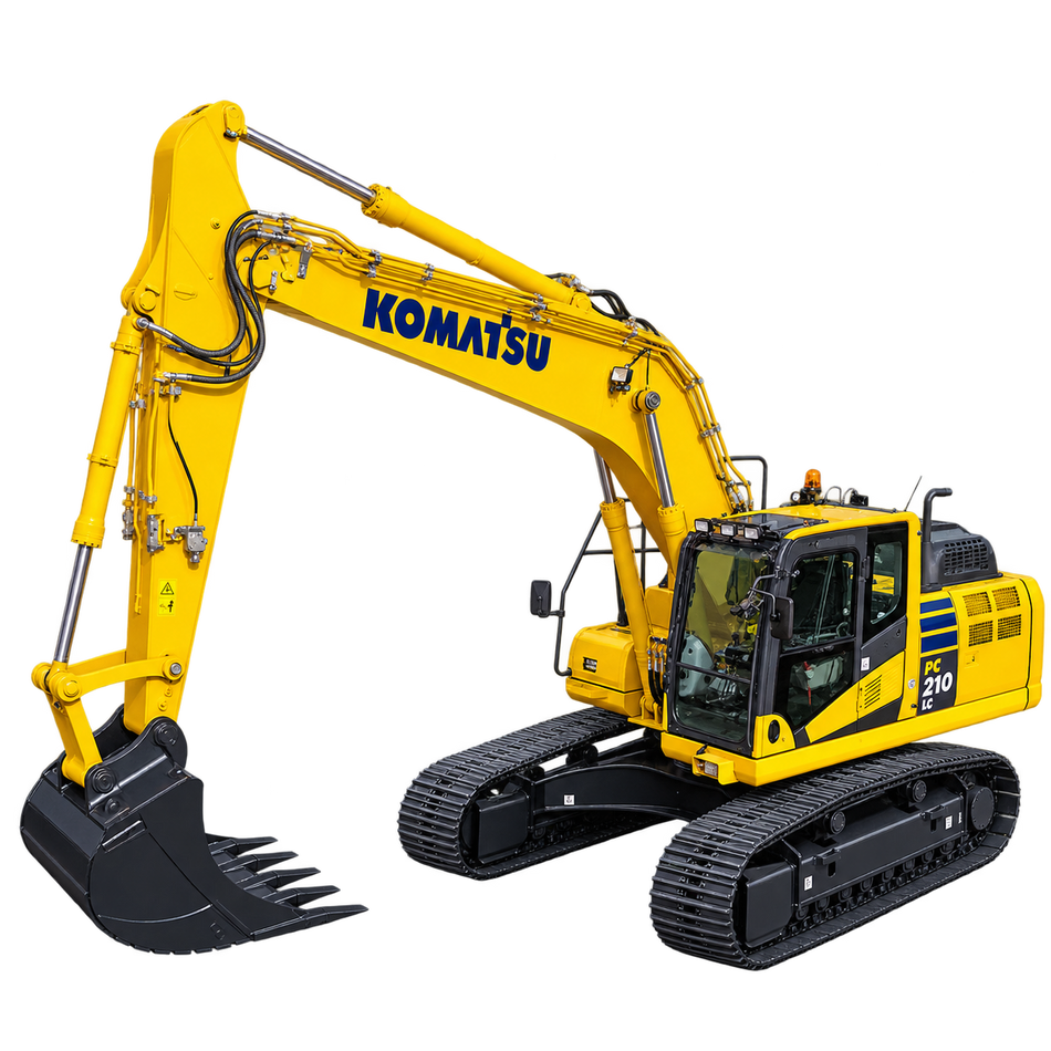 Yellow Komatsu PC210LC-10 excavator with black tracks, enclosed cab, black digging bucket, and hydraulic boom on a transparent background.