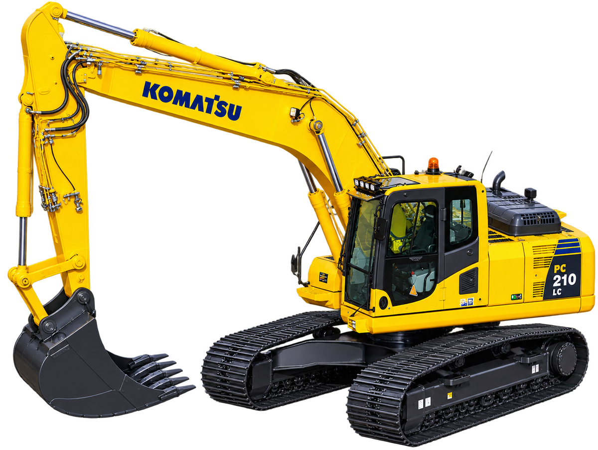 Yellow Komatsu PC210LC-8 excavator with black tracks, enclosed cab, long hydraulic boom, and black digging bucket on a transparent background.
