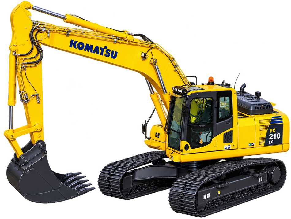 Yellow Komatsu PC210LC-8 excavator with black tracks, enclosed cab, long hydraulic boom, and black digging bucket on a transparent background.