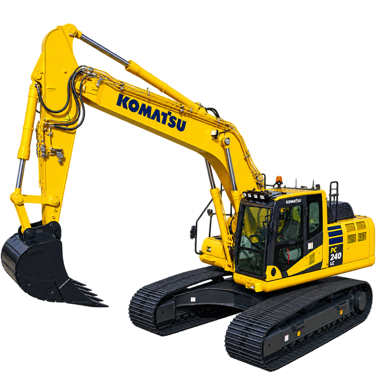 Yellow Komatsu PC240LC-10 excavator with black tracks, enclosed cab, hydraulic boom, and black digging bucket on a transparent background.