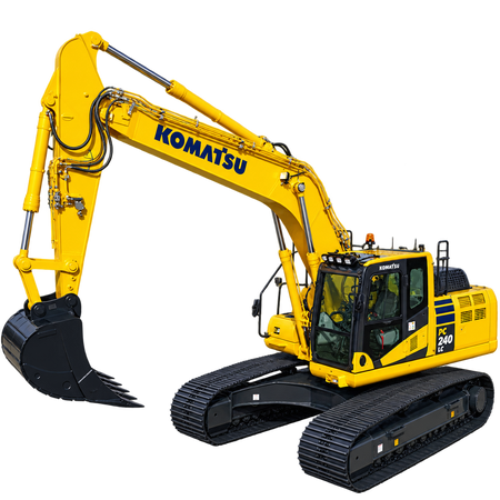 Yellow Komatsu PC240LC-10 excavator with black tracks, enclosed cab, hydraulic boom, and black digging bucket on a transparent background.