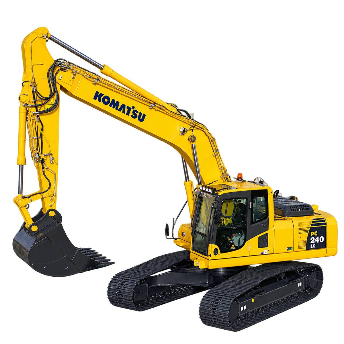 Yellow Komatsu PC240LC-8 excavator with black tracks, enclosed cab, long hydraulic boom, and black digging bucket on a transparent background.