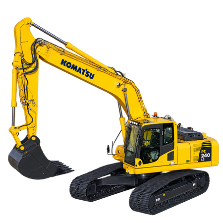 Yellow Komatsu PC240LC-8 excavator with black tracks, enclosed cab, long hydraulic boom, and black digging bucket on a transparent background.