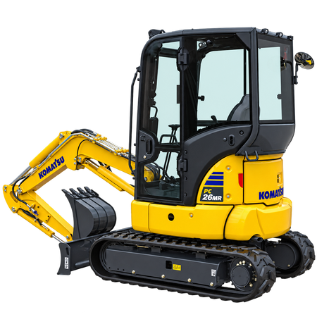Yellow Komatsu PC26MR-5 mini excavator with black rubber tracks, enclosed cab, front dozer blade, hydraulic boom, and black digging bucket on a transparent background.