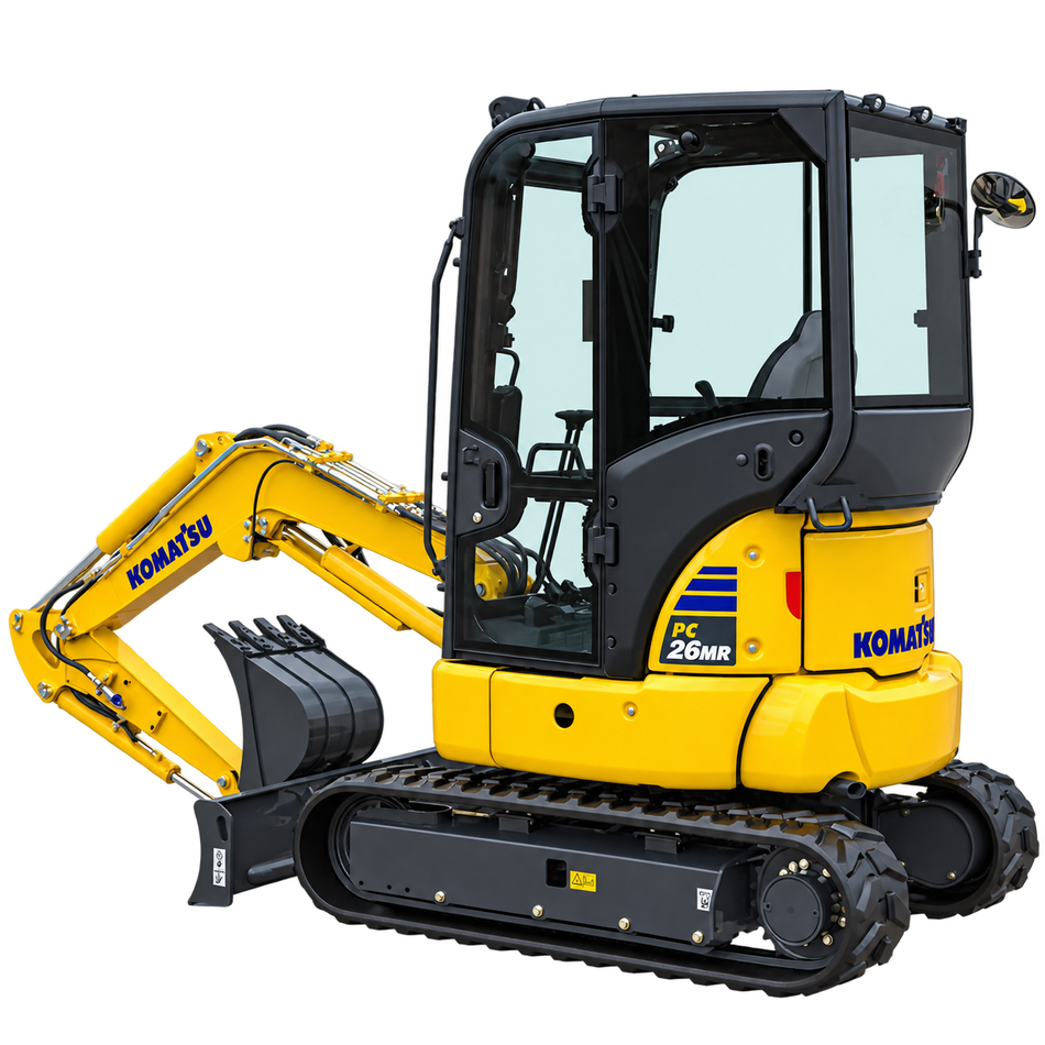 Yellow Komatsu PC26MR-5 mini excavator with black rubber tracks, enclosed cab, front dozer blade, hydraulic boom, and black digging bucket on a transparent background.