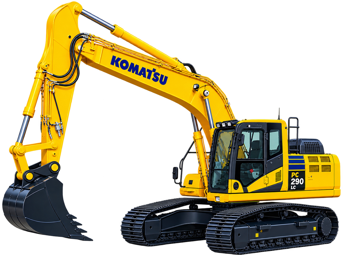 Yellow Komatsu PC290LC-10 excavator with black tracks, enclosed cab, long hydraulic boom, and black digging bucket on a transparent background.