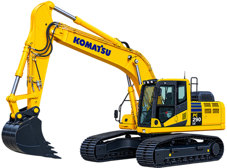 Yellow Komatsu PC290LC-10 excavator with black tracks, enclosed cab, long hydraulic boom, and black digging bucket on a transparent background.