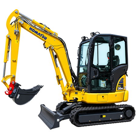 Yellow Komatsu PC30MR-5 mini excavator with black rubber tracks, enclosed cab, front dozer blade, hydraulic boom, and black digging bucket on a transparent background.
