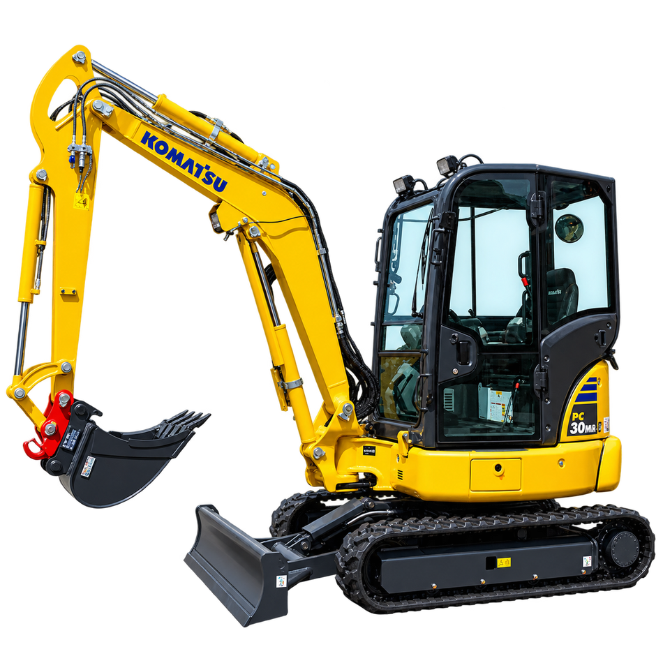 Yellow Komatsu PC30MR-5 mini excavator with black rubber tracks, enclosed cab, front dozer blade, hydraulic boom, and black digging bucket on a transparent background.