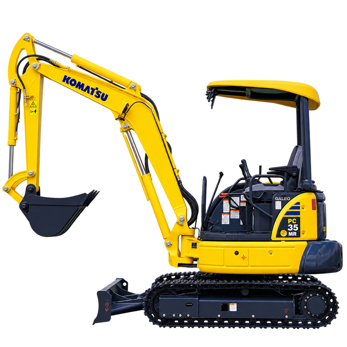 Yellow Komatsu PC35MR-2 mini excavator with black rubber tracks, open canopy, front dozer blade, hydraulic boom, and black digging bucket on a transparent background.