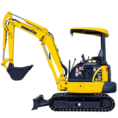 Yellow Komatsu PC35MR-2 mini excavator with black rubber tracks, open canopy, front dozer blade, hydraulic boom, and black digging bucket on a transparent background.