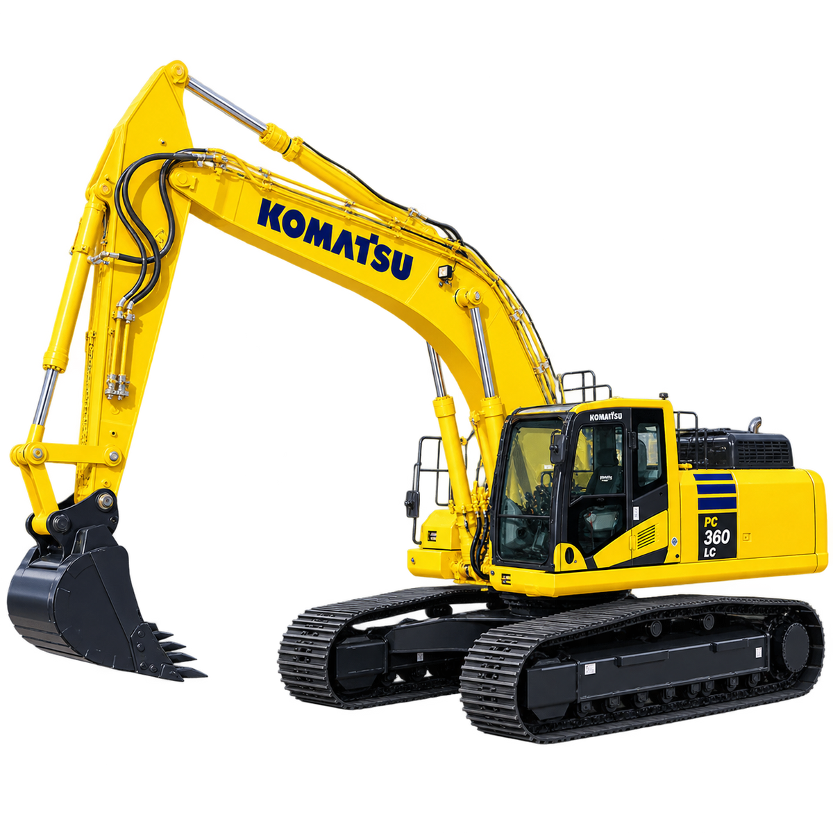 Yellow Komatsu PC360LC-10 hydraulic excavator with bucket, cab, and tracks on a white background