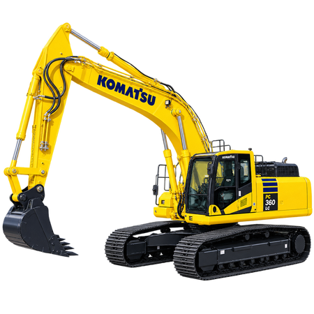 Yellow Komatsu PC360LC-10 hydraulic excavator with bucket, cab, and tracks on a white background