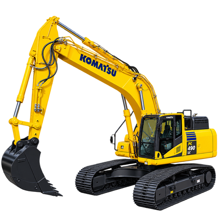Yellow Komatsu PC490LC-10 excavator with black tracks, enclosed cab, long hydraulic boom, and large black digging bucket on a transparent background.