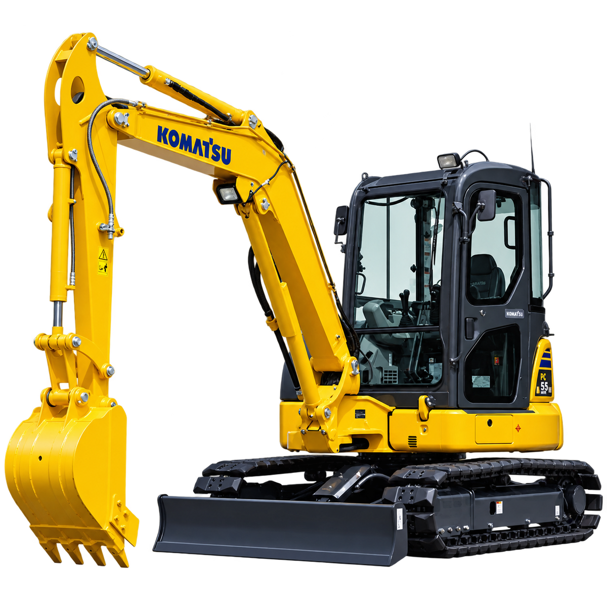 Yellow Komatsu PC55MR-5 mini excavator with black rubber tracks, enclosed cab, black front dozer blade, and hydraulic boom with a yellow digging bucket on a transparent background.