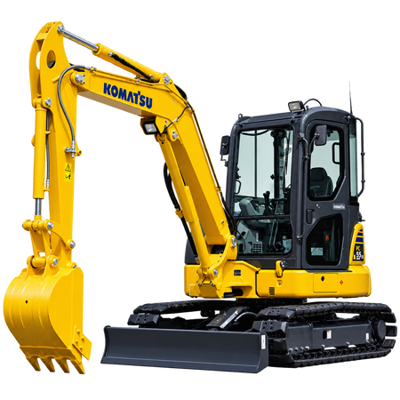Yellow Komatsu PC55MR-5 mini excavator with black rubber tracks, enclosed cab, black front dozer blade, and hydraulic boom with a yellow digging bucket on a transparent background.