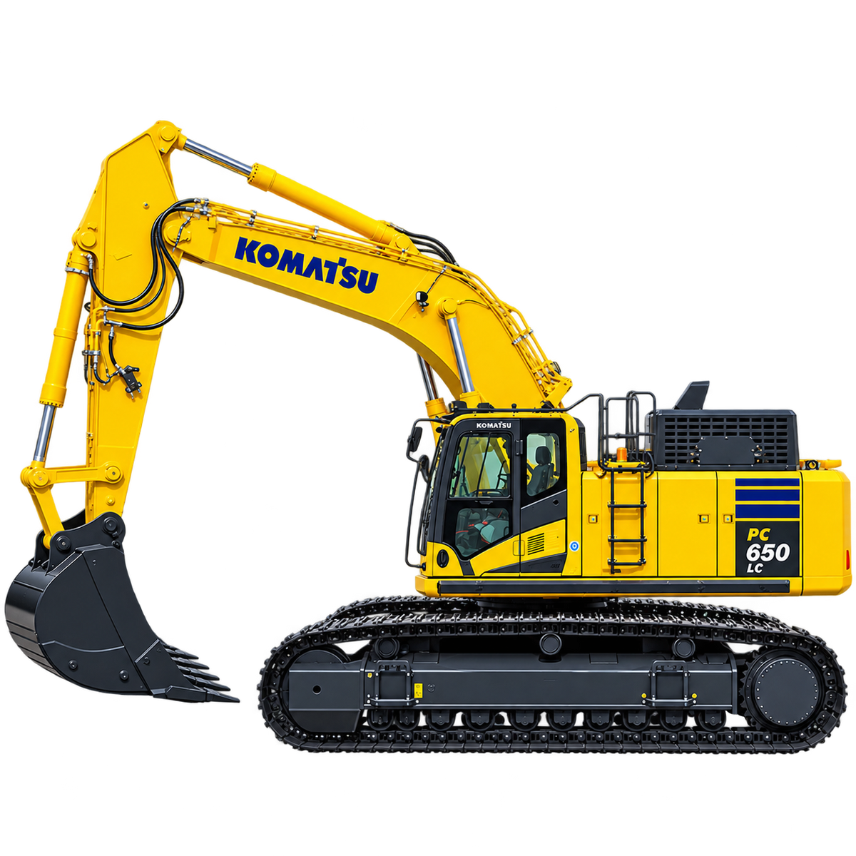 Yellow Komatsu PC650LC-11 excavator with black steel tracks, enclosed cab, hydraulic boom, and black digging bucket on a transparent background.