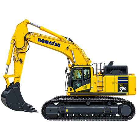 Yellow Komatsu PC650LC-11 excavator with black steel tracks, enclosed cab, hydraulic boom, and black digging bucket on a transparent background.