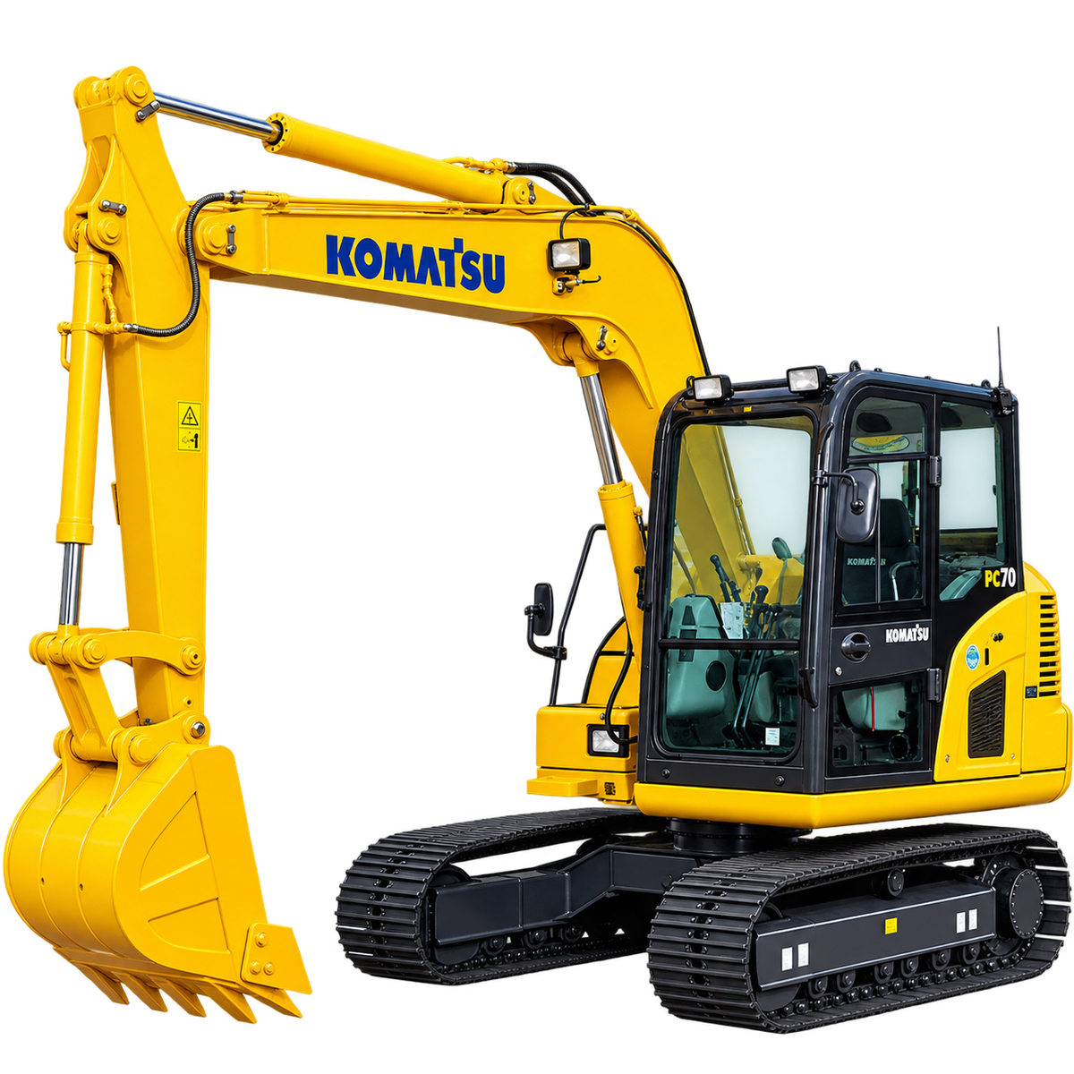 Yellow Komatsu PC70-8 excavator with black rubber tracks, enclosed cab, yellow digging bucket, and hydraulic boom on a transparent background.