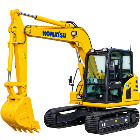 Yellow Komatsu PC70-8 excavator with black rubber tracks, enclosed cab, yellow digging bucket, and hydraulic boom on a transparent background.