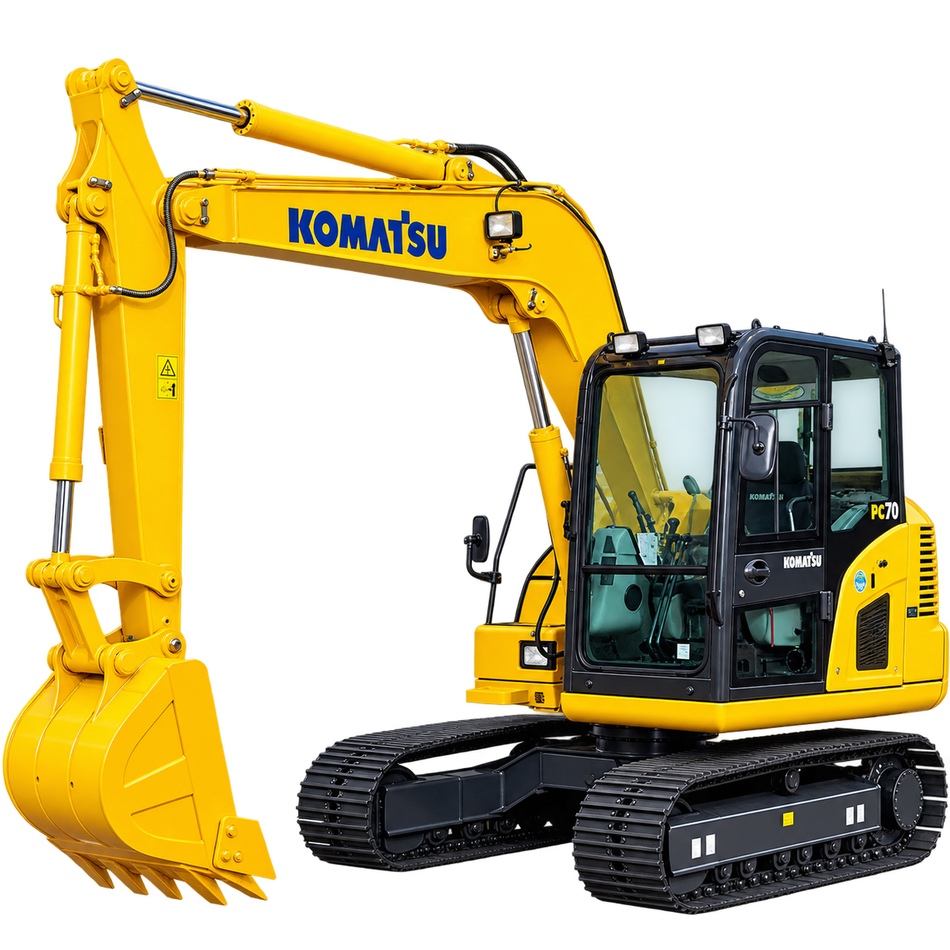 Yellow Komatsu PC70-8 excavator with black rubber tracks, enclosed cab, yellow digging bucket, and hydraulic boom on a transparent background.