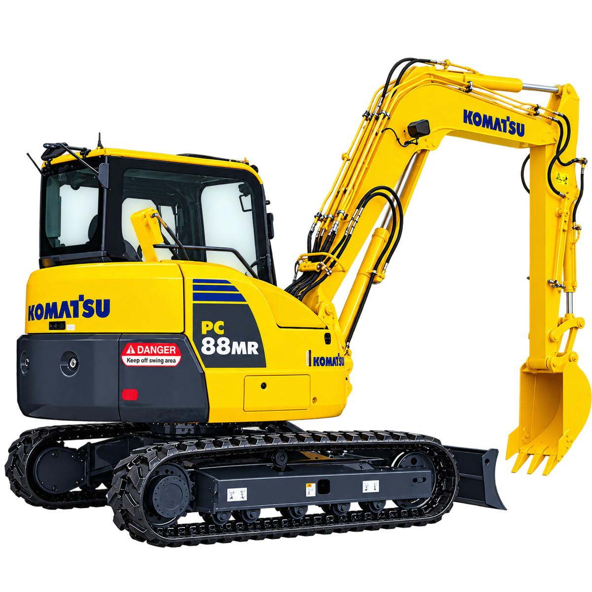 Yellow Komatsu PC88MR-8 compact excavator with black rubber tracks, enclosed cab, front dozer blade, hydraulic boom, and yellow digging bucket on a transparent background.