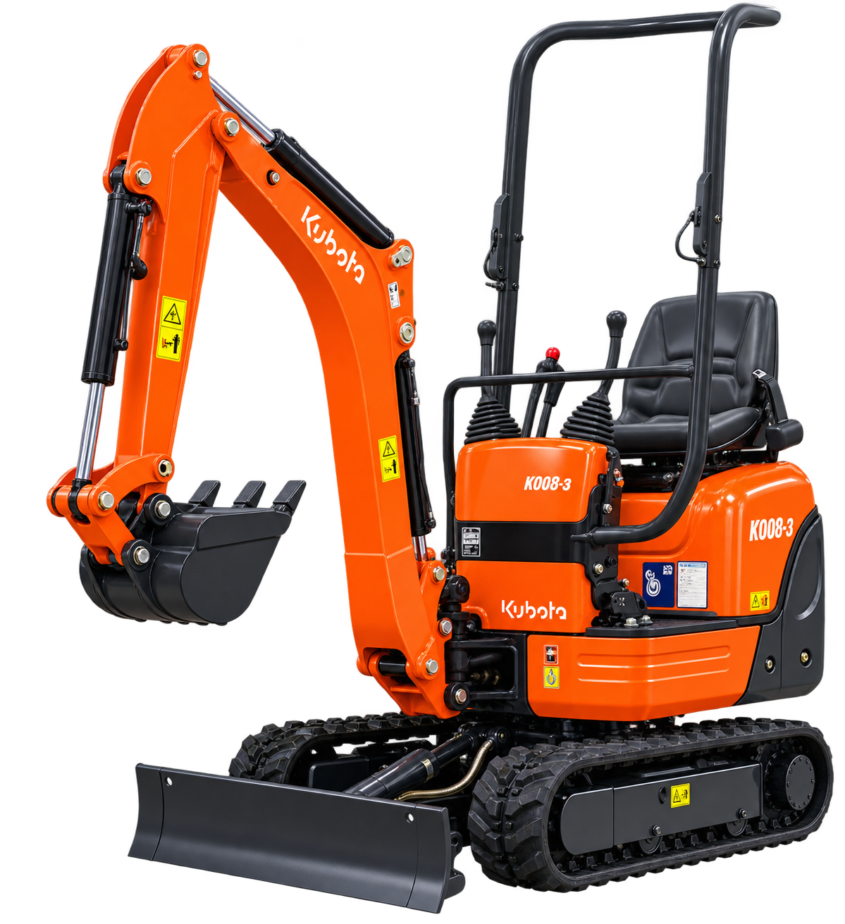 Orange Kubota K008-3 mini excavator with black tracks, black digging bucket, open operator station, and front blade on a transparent background.