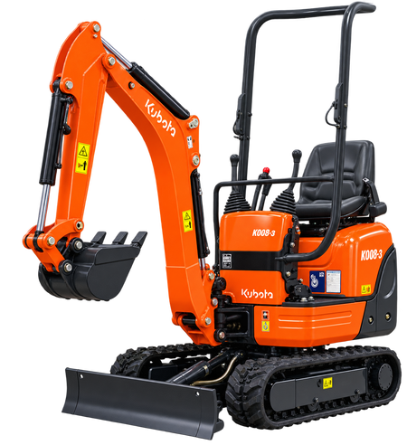 Orange Kubota K008-3 mini excavator with black tracks, black digging bucket, open operator station, and front blade on a transparent background.