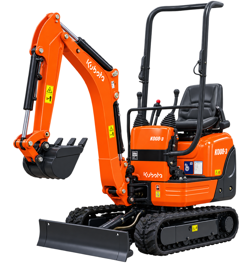 Orange Kubota K008-3 mini excavator with black tracks, black digging bucket, open operator station, and front blade on a transparent background.