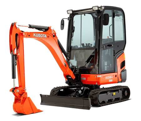 Orange Kubota KX018-4 compact excavator with orange bucket, black blade, and black tracks on a transparent background