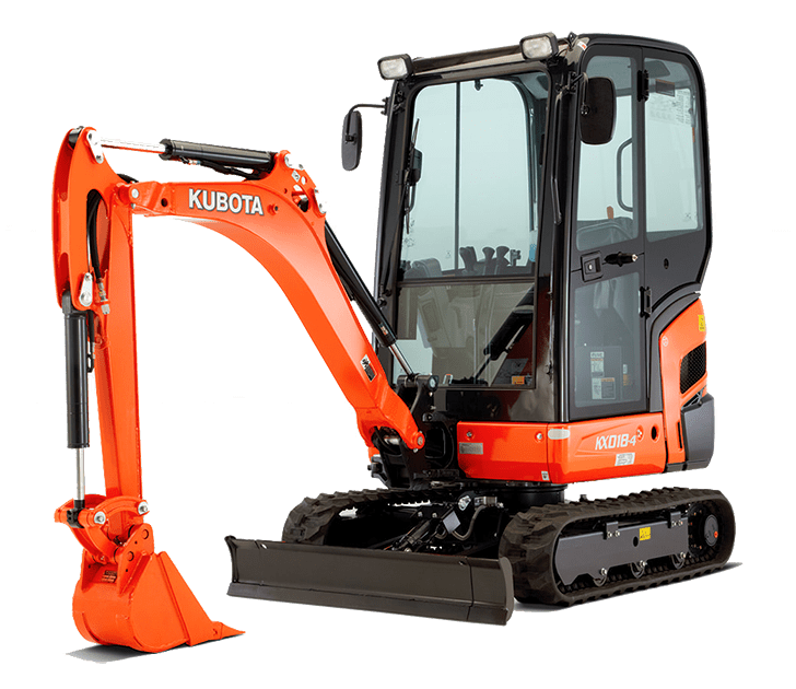 Orange Kubota KX018-4 compact excavator with orange bucket, black blade, and black tracks on a transparent background