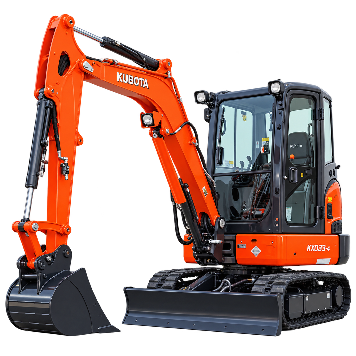Orange Kubota KX033-4 compact excavator with black bucket, blade, and tracks on a transparent background.