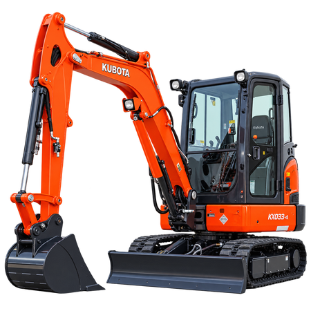 Orange Kubota KX033-4 compact excavator with black bucket, blade, and tracks on a transparent background.