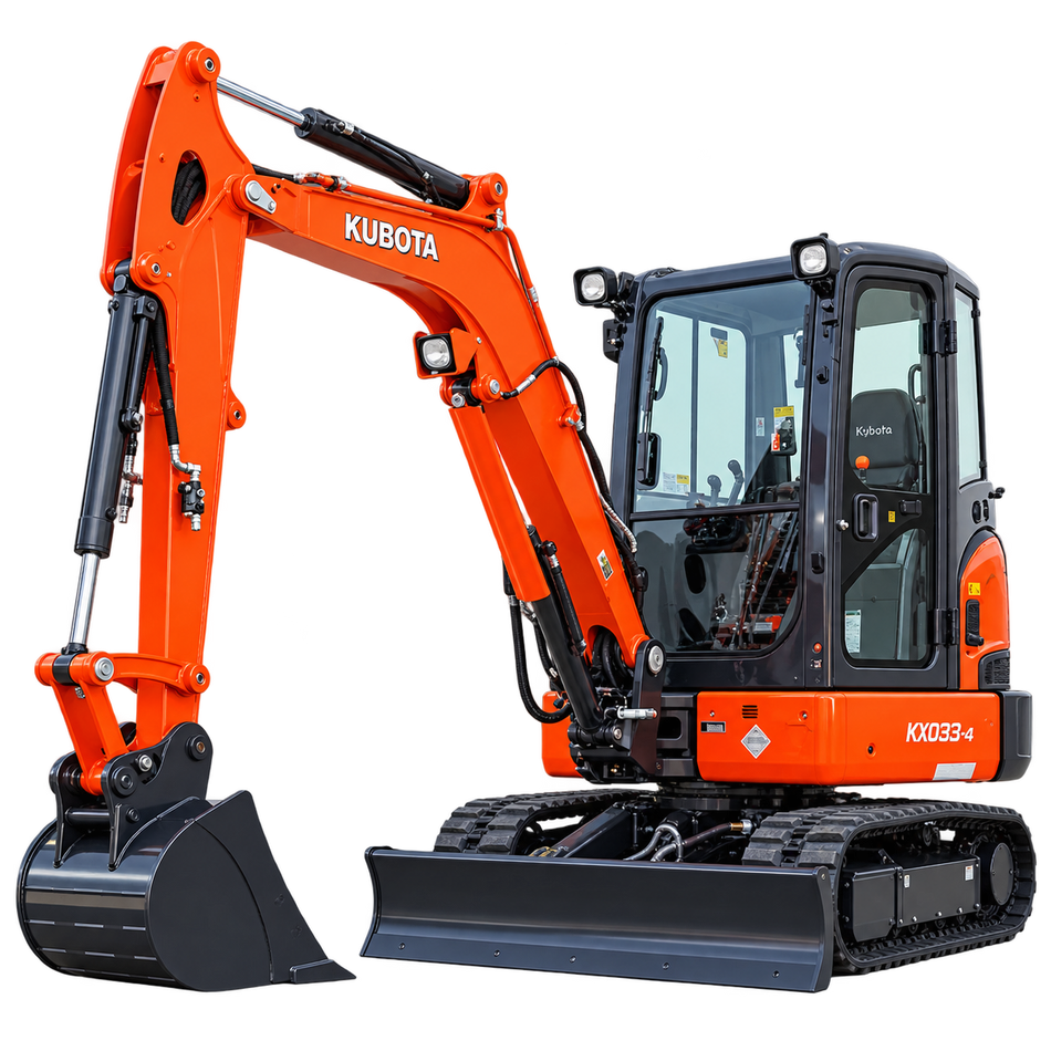Orange Kubota KX033-4 compact excavator with black bucket, blade, and tracks on a transparent background.